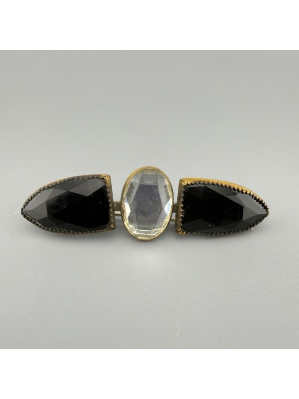 Antique Victorian Brass Bar Brooch Faceted Black Glass Clear Stone C-Clasp Pin